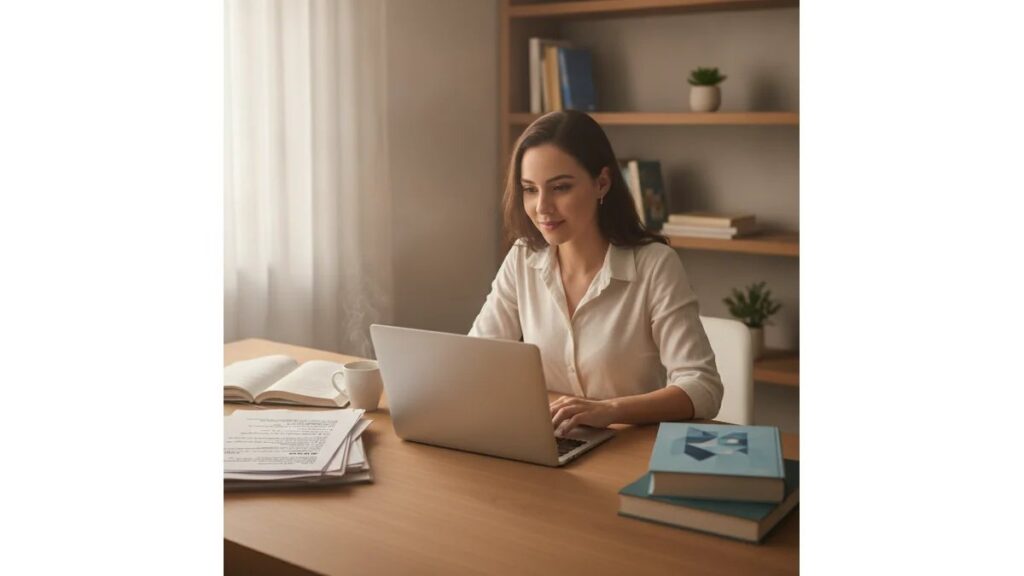 Como fazer tcc centro paula souza: estudante de Centro Paula Souza em mesa de trabalho com laptop, documentos e anotações, representando o