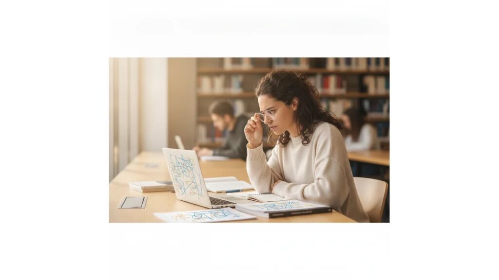 Estudante universitária brasileira estudando em biblioteca moderna com laptop e materiais acadêmicos organizados, representando o processo estruturado de como fazer TCC na Estácio