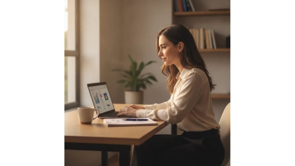 Aluna aprendendo Como Fazer TCC Unopar Passo a Passo no computador em home office bem iluminado, transmitindo segurança e foco