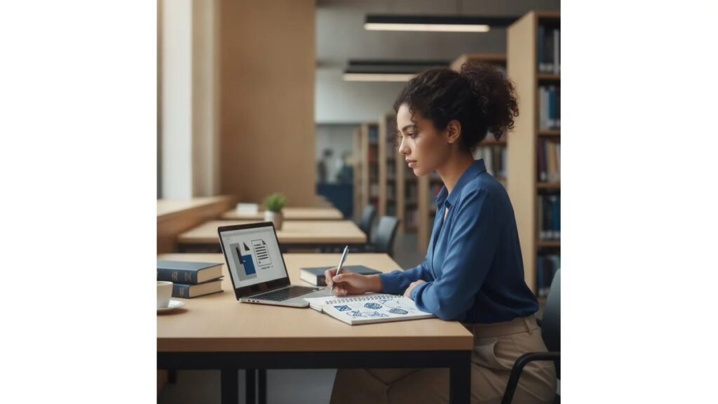 Lista de abreviaturas ABNT: estudante revisando o trabalho acadêmico no notebook em uma biblioteca, com livros e anotações sobre a mesa