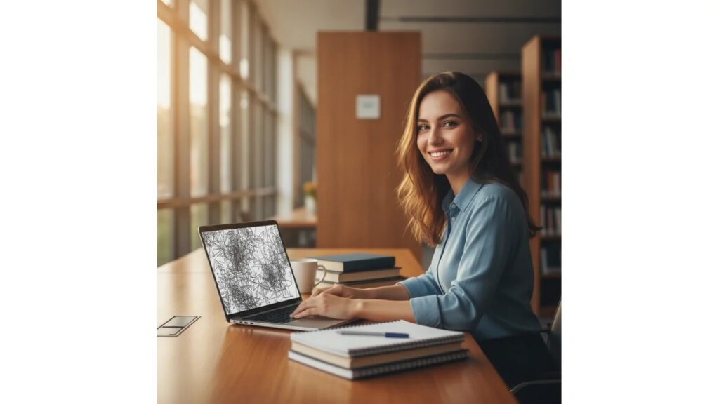 Como usar artigo cientifico scielo no tcc: estudante universitário sorrindo em frente ao computador, com interface do SciELO aberta na tela, livros e