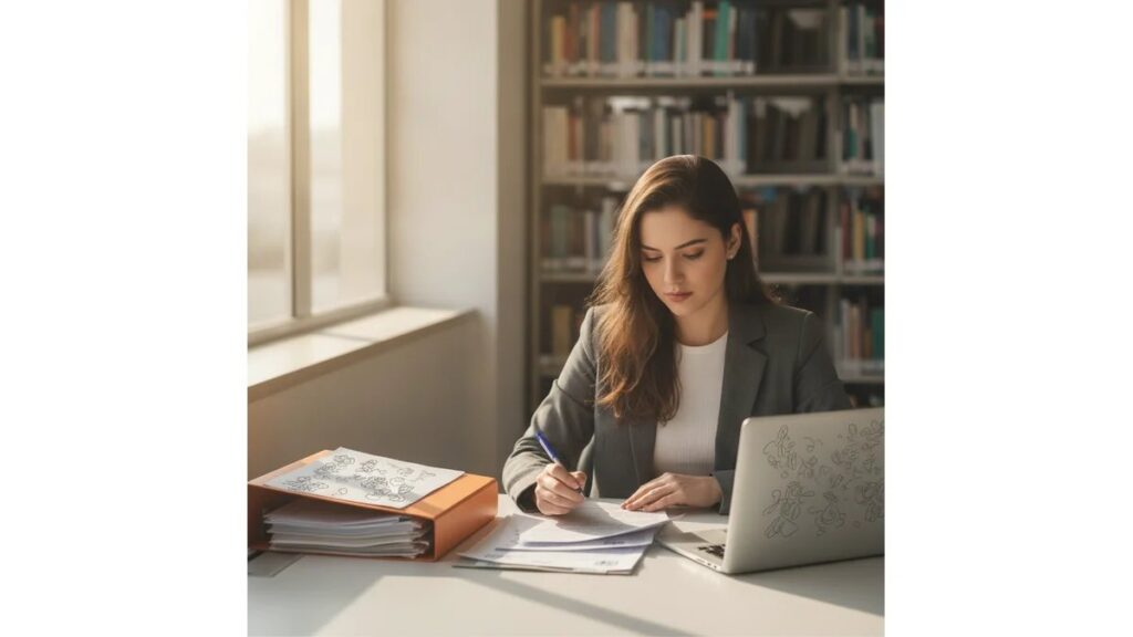 Horas complementares em Medicina: estudante de medicina analisando documentação de horas complementares em mesa de trabalho, com laptop