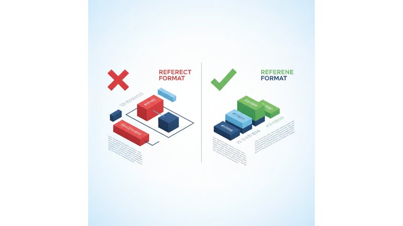Comparação visual lado a lado mostrando 4 referências com erros (lado esquerdo em vermelho) e as mesmas referências corrigidas (lado direito em verde), com anotações destacando cada erro