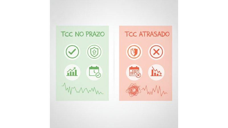 Tabela visual comparando TCC no prazo vs. TCC atrasado, mostrando impactos em nota, colação, bolsa e outros fatores. Cores diferentes para cada linha para melhor visualização.