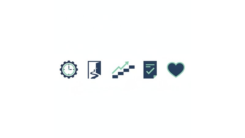Checklist visual ilustrando os 5 critérios de decisão com ícones representativos
