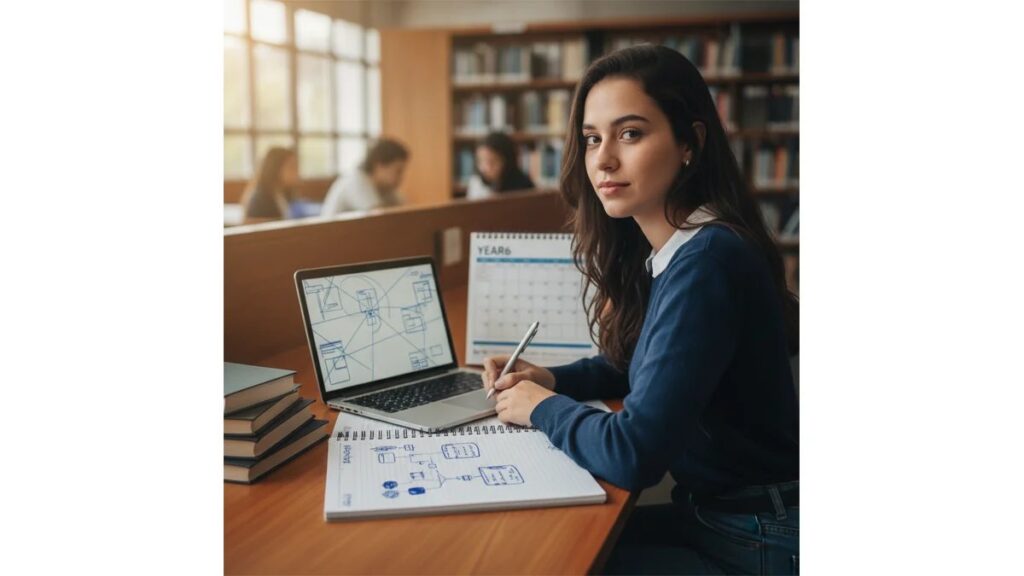 Estudante universitária brasileira planejando cronograma para TCC em mesa de biblioteca moderna com laptop, notebook e calendário, iluminação natural