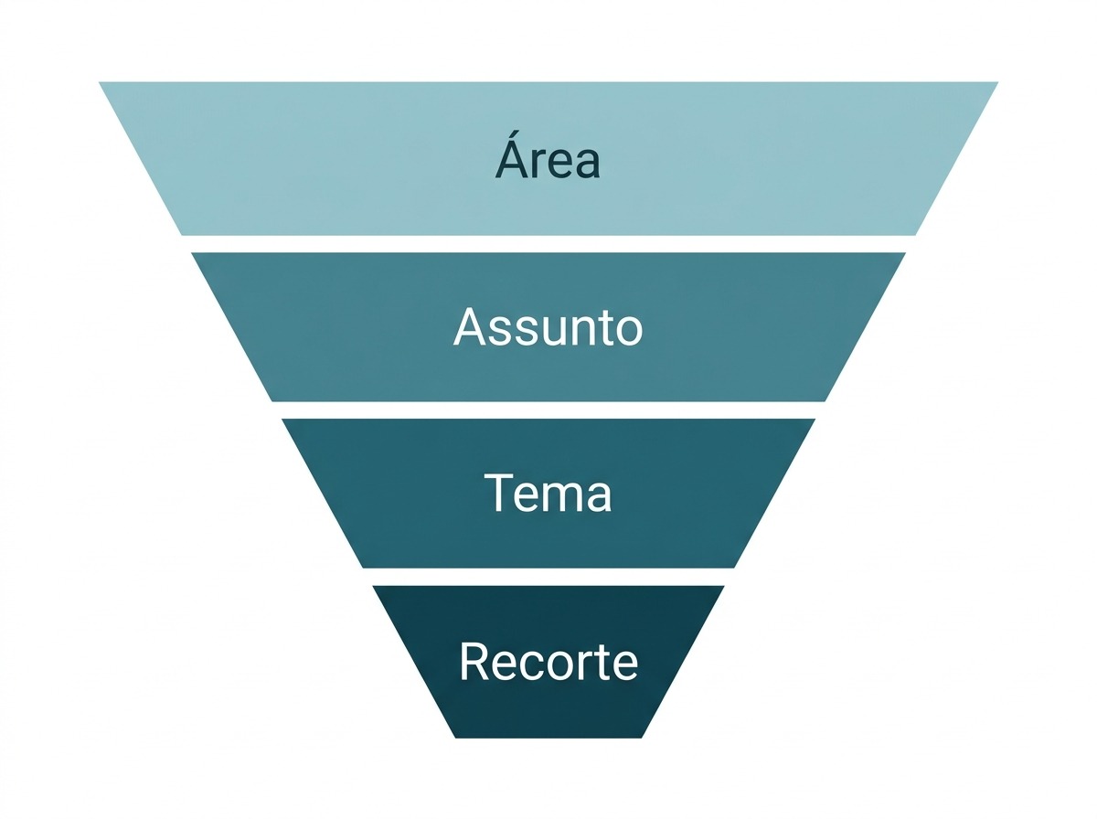 Funil da delimitacao do tema de pesquisa: area, assunto, tema e recorte