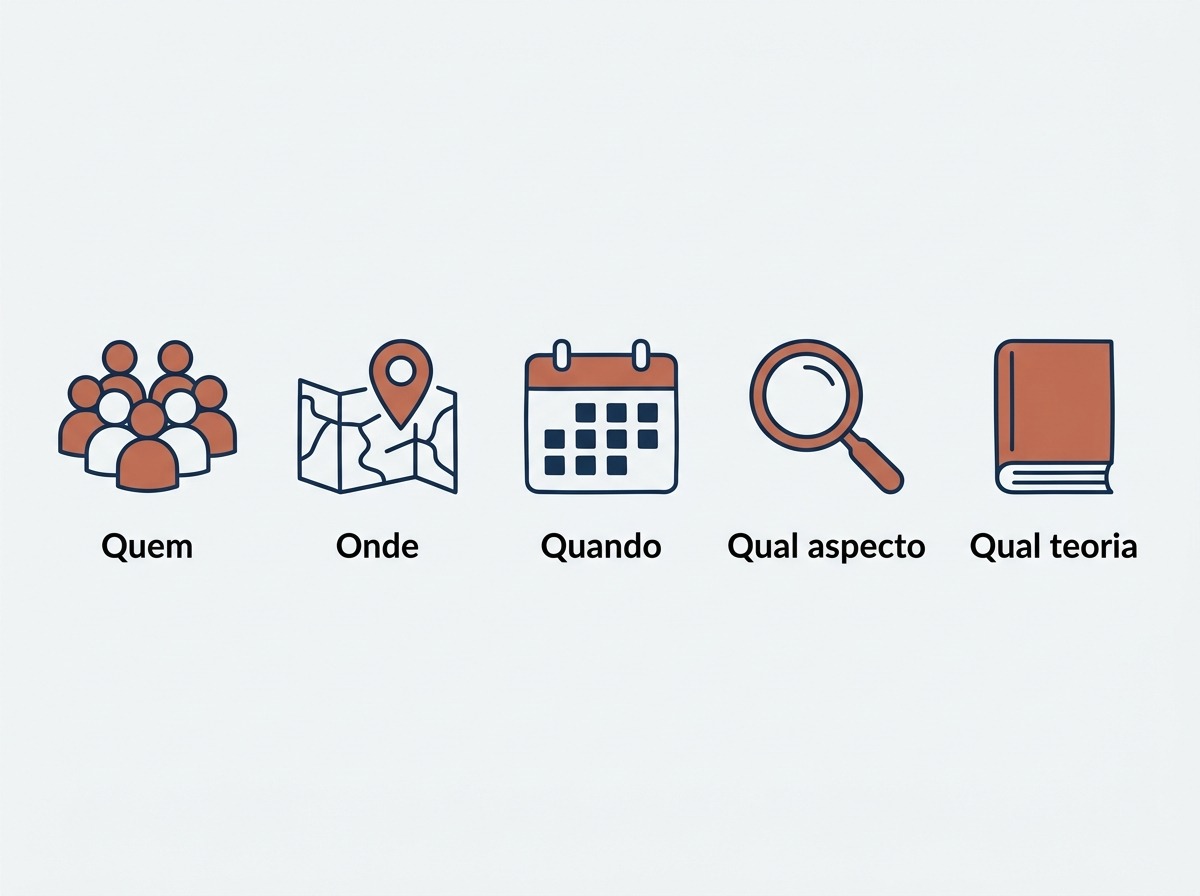 Icones das cinco perguntas que delimitam o tema: quem, onde, quando, qual aspecto e qual teoria