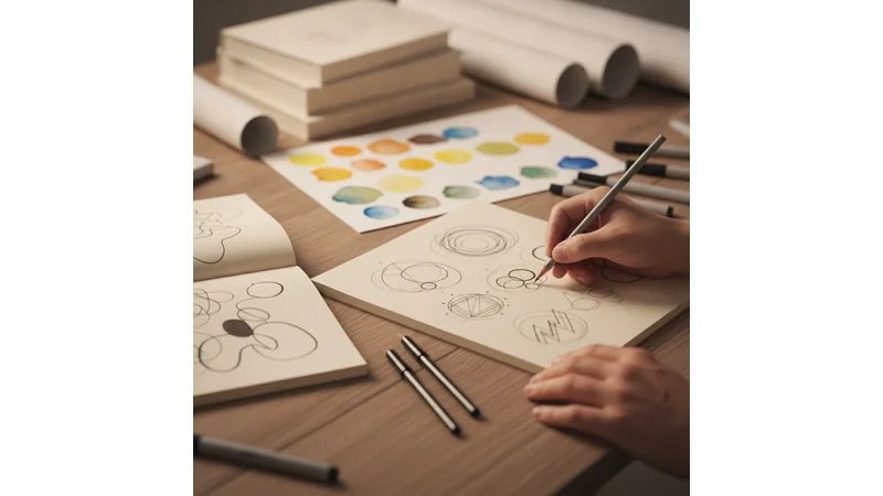 Exemplo de moodboard para Identidade Visual, mostrando 12-15 referências visuais organizadas em grid, com logos, cores, tipografia e padrões