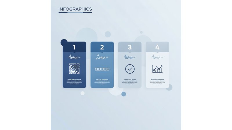 Infográfico mostrando como ferramentas de detecção de IA funcionam (padrões de linguagem, estrutura previsível, ausência de erros)