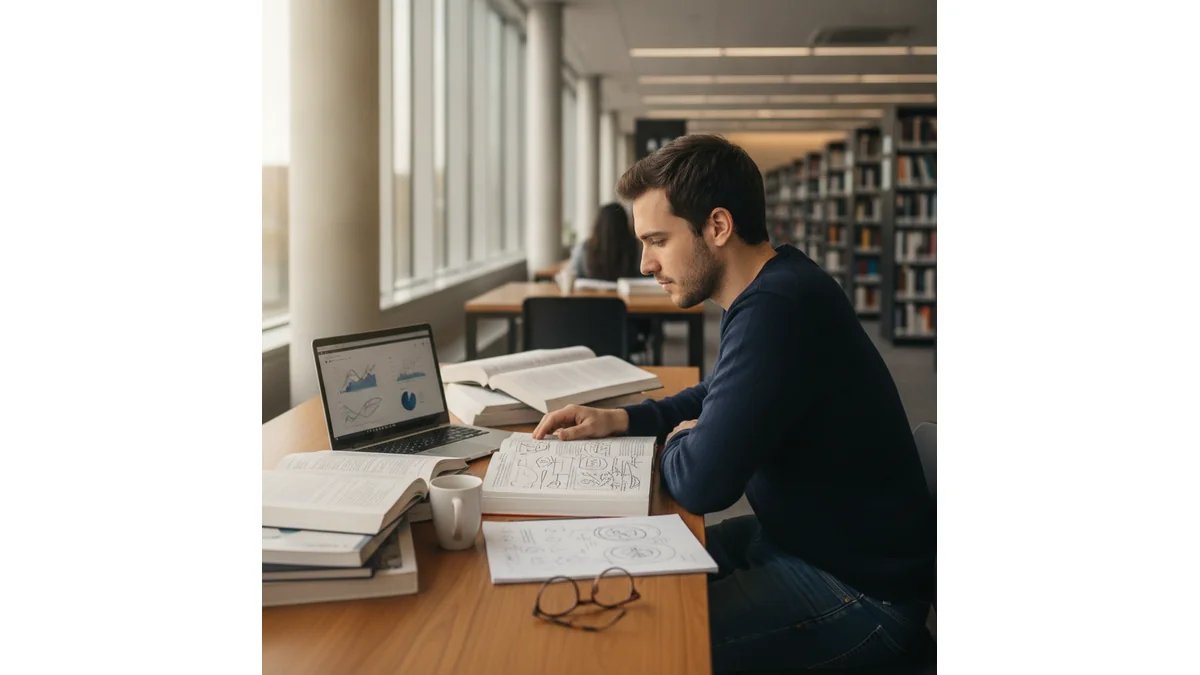 Como fazer uma dissertação acadêmica passo a passo: ilustração mostrando um mestrando em frente a um computador com documentos de dissertação, gráficos de