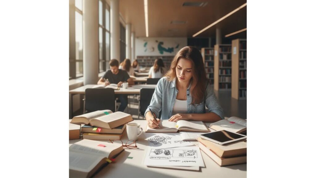 Estudante universitária escrevendo dissertação em prosa em mesa de biblioteca com livros abertos e anotações estruturadas