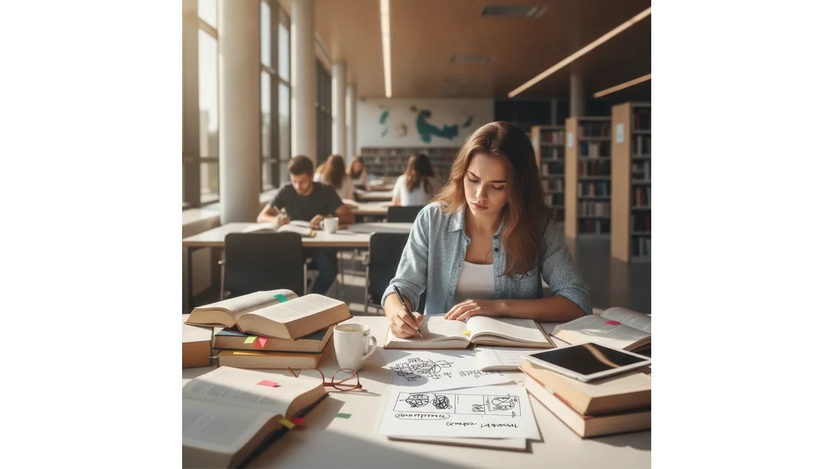 Estudante universitário escrevendo dissertação em prosa em mesa de trabalho, com anotações e estrutura visual de introdução, desenvolvimento e conclusão ao fundo
