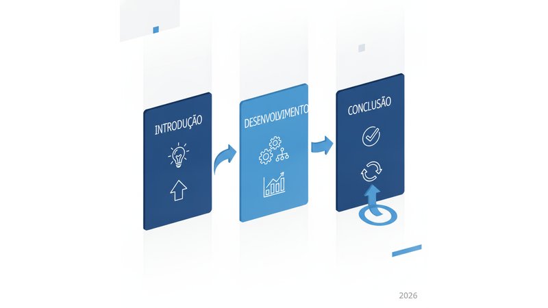 Infográfico visual mostrando as três partes da dissertação em prosa (Introdução, Desenvolvimento, Conclusão) com setas indicando fluxo, funções de cada parte e exemplos breves