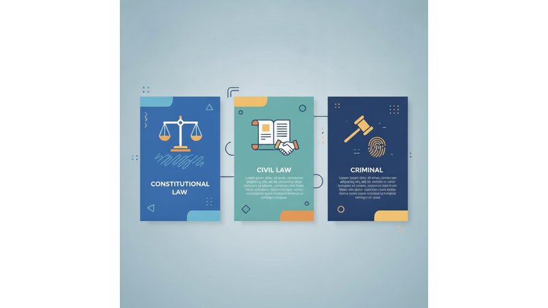Infográfico mostrando as três especialidades (Constitucional, Civil, Penal) com ícones e diferenças metodológicas