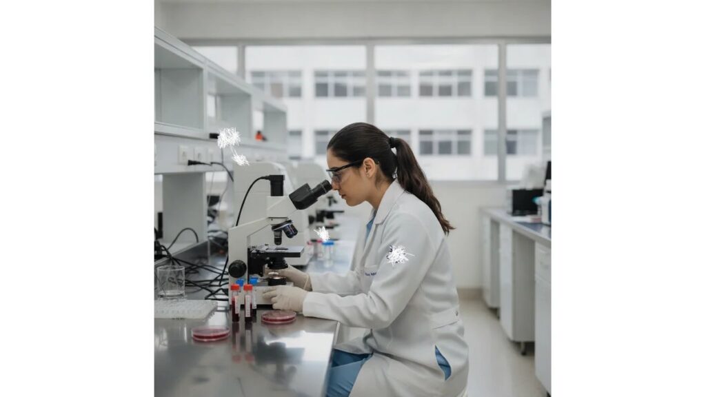 Estágio obrigatório em Biomedicina: estudante de biomedicina em laboratório durante estágio obrigatório, analisando amostras em microscópio, com documentos e computador ao fundo