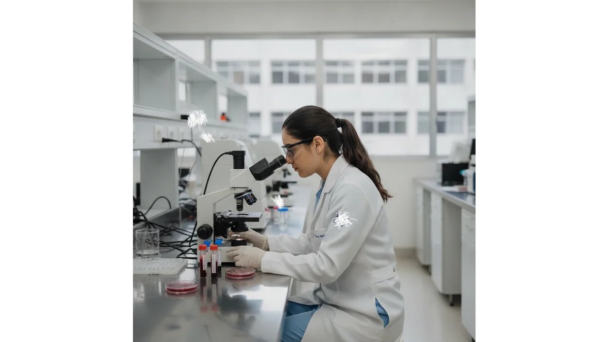 Estágio obrigatório em Biomedicina: estudante de biomedicina em laboratório durante estágio obrigatório, analisando amostras em microscópio, com documentos e computador ao fundo