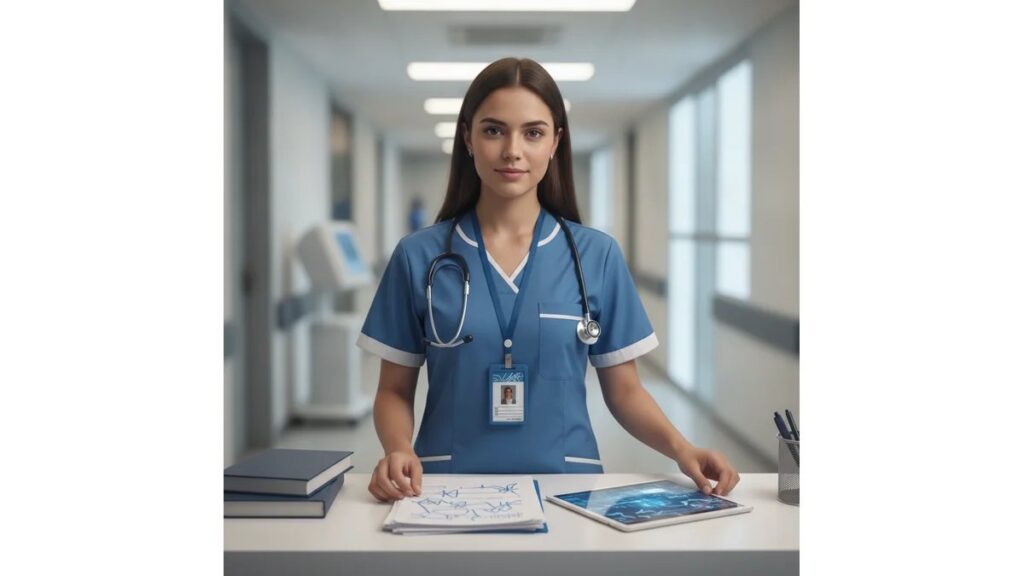 Estudante de enfermagem em uniforme hospitalar organizando documentos de Estágio Obrigatório Enfermagem em enfermagem com tablet e pasta profissional