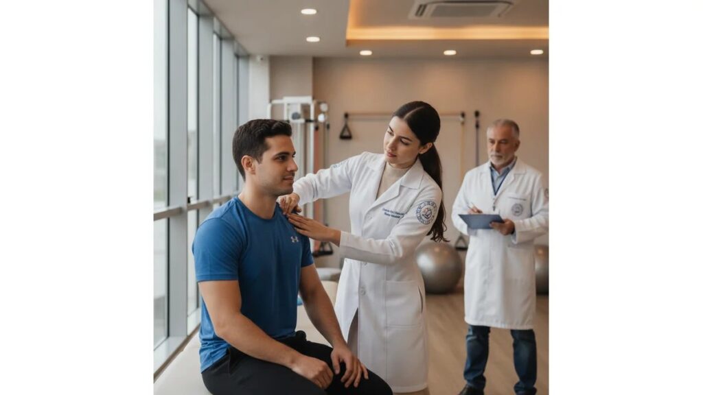 Estudante de Fisioterapia realizando avaliação de mobilidade em paciente durante Estágio Obrigatório Fisioterapia, com supervisor acompanhando em clínica moderna