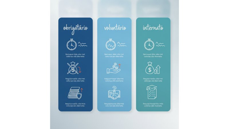 Comparação visual (infográfico) mostrando diferenças entre estágio obrigatório, voluntário e internato com ícones, duração e características principais.