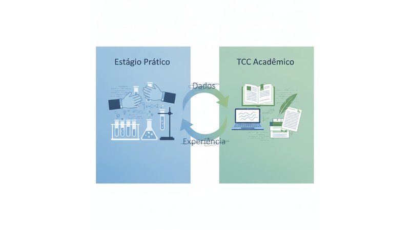 Diagrama mostrando a conexão entre Estágio (experiência prática) → Observações e Dados → TCC (pesquisa acadêmica)