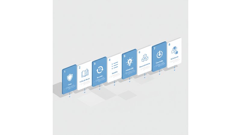 Diagrama visual mostrando ordem das seções ABNT: Capa → Folha de Rosto → Resumo → Sumário → Introdução → Desenvolvimento → Conclusão → Referências