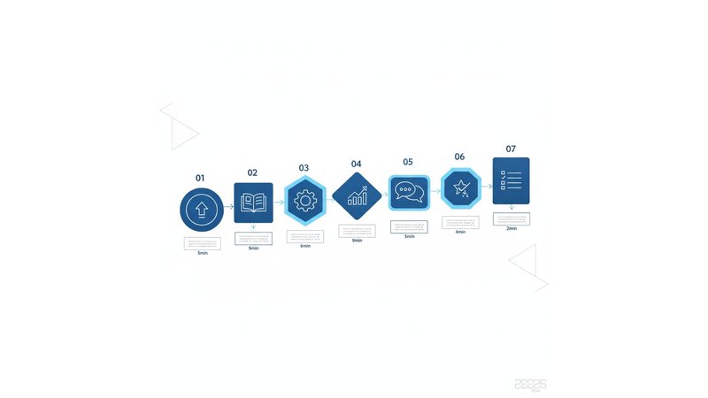 Diagrama visual mostrando as 7 partes da apresentação em sequência, com ícones e timing, em layout horizontal