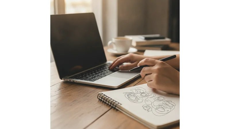 Mãos digitando em laptop durante trabalho de estruturação Estrutura da Monografia, com caderno e materiais acadêmicos ao lado