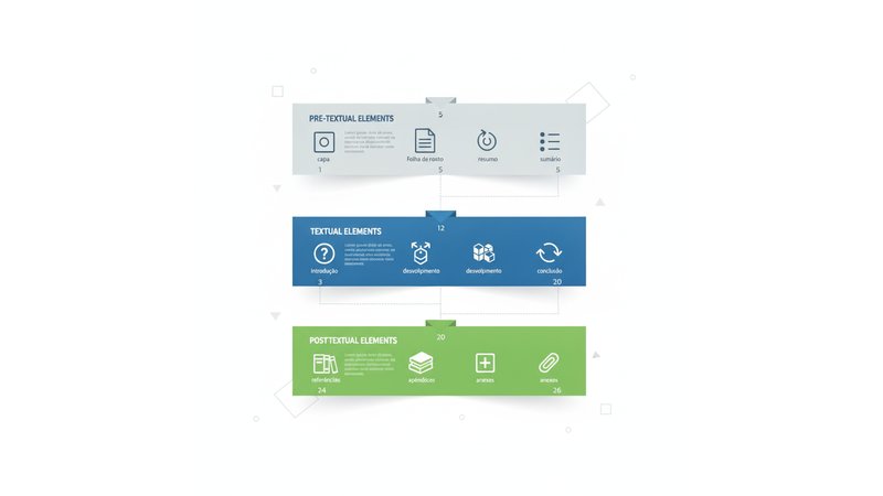 Diagrama visual mostrando a estrutura completa do relatório de estágio (elementos pré-textuais em cinza, textuais em azul, pós-textuais em verde) com número de páginas indicado para cada seção