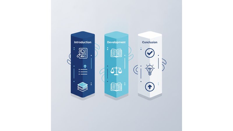Diagrama visual mostrando a estrutura de um TCC de Direito, com as 3 partes principais (Introdução, Desenvolvimento, Conclusão) e os elementos que cada uma deve conter. Use cores para diferenciar as seções.