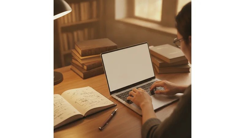 Estudante de enfermagem em biblioteca, pesquisando em computador para estruturar trabalho acadêmico baseado em experiência de estágio.