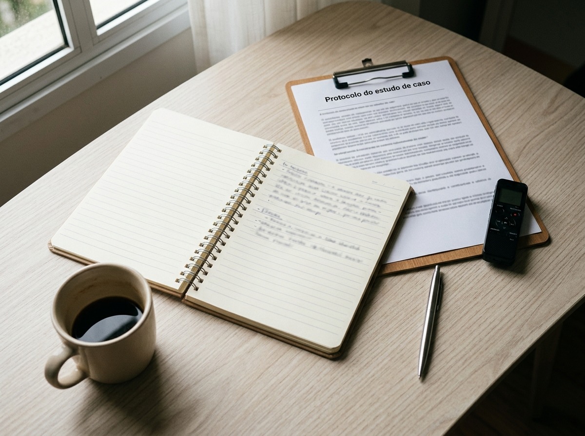 Mesa de estudo com prancheta de protocolo de estudo de caso, caderno de anotacoes e gravador