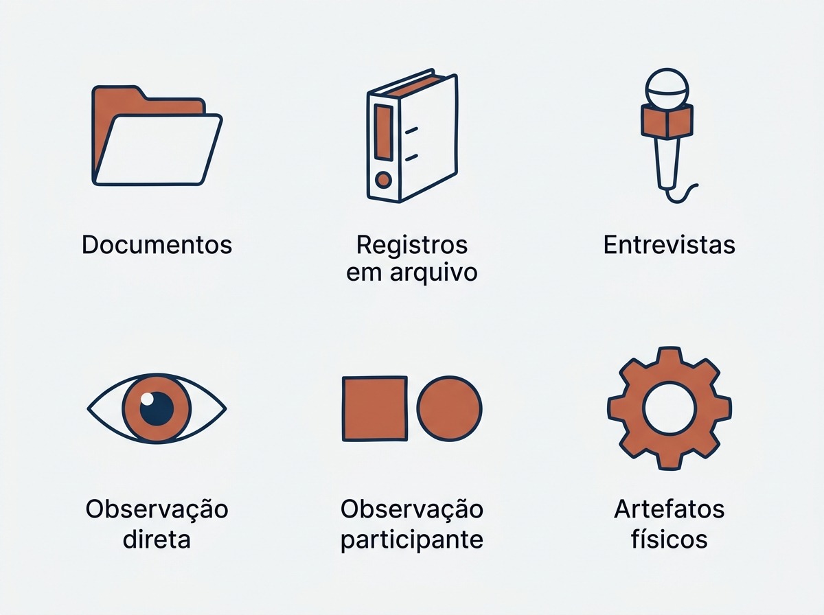 Icones das seis fontes de evidencia do estudo de caso: documentos, registros, entrevistas, observacao e artefatos