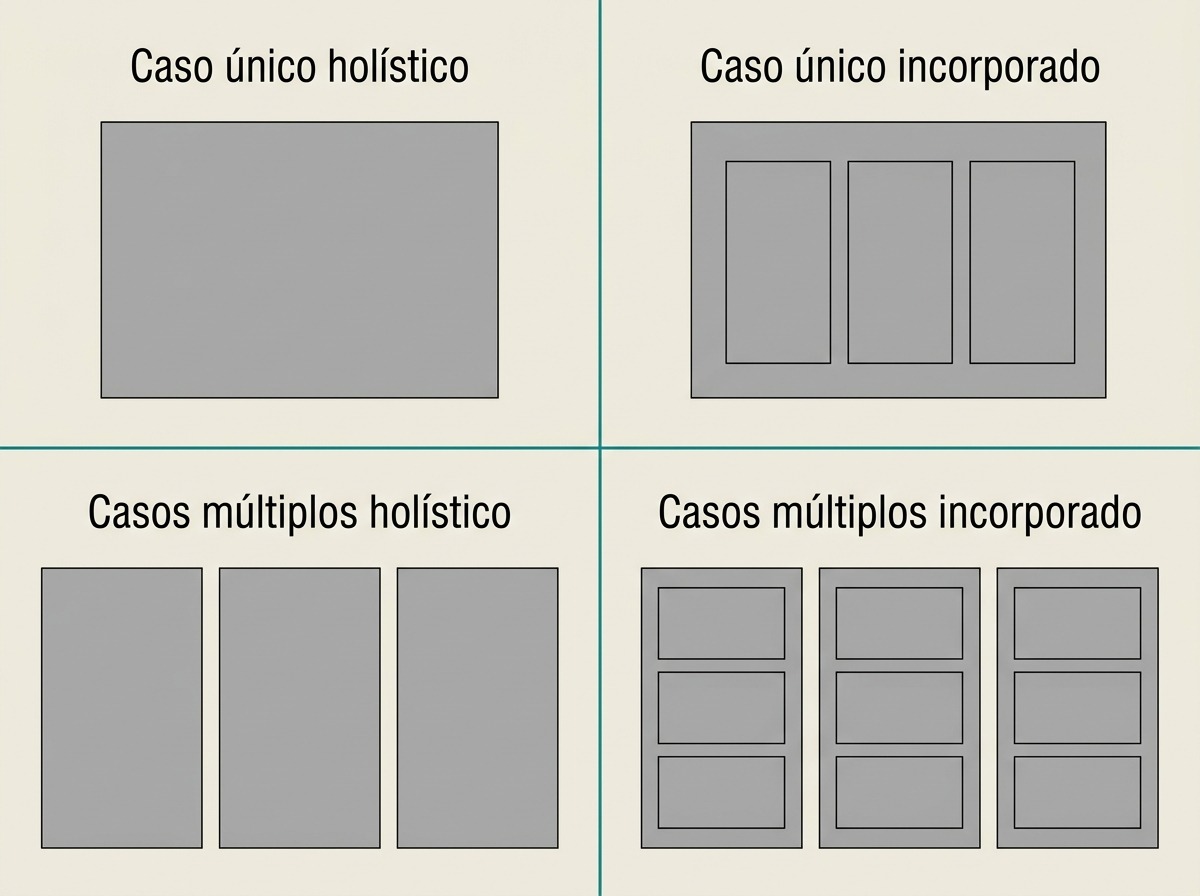 Diagrama dos quatro tipos de estudo de caso: unico holistico, unico incorporado, multiplos holistico e multiplos incorporado