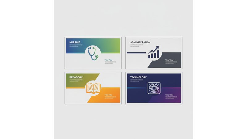 Exemplos visuais dos 4 banners descritos (Enfermagem, Pedagogia, Administração, Tecnologia) mostrando as diferenças de paleta, elementos e estilo