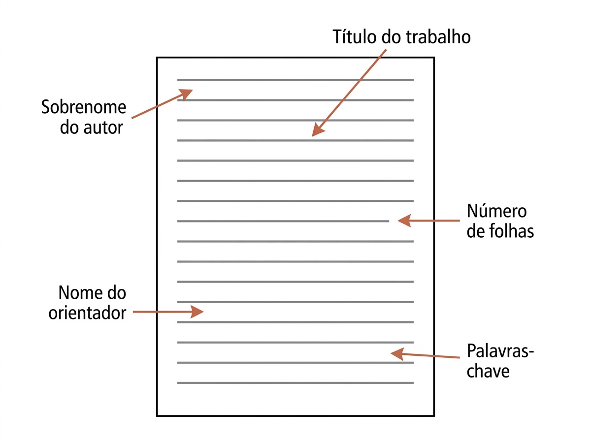 Ficha catalográfica exemplo com setas indicando sobrenome do autor, título, número de folhas, orientador e palavras-chave
