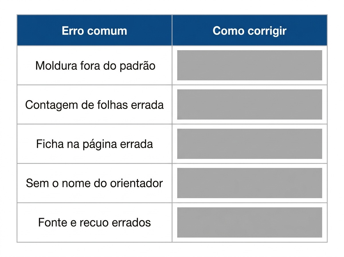 Tabela com os erros mais comuns na ficha catalográfica e como corrigir cada um