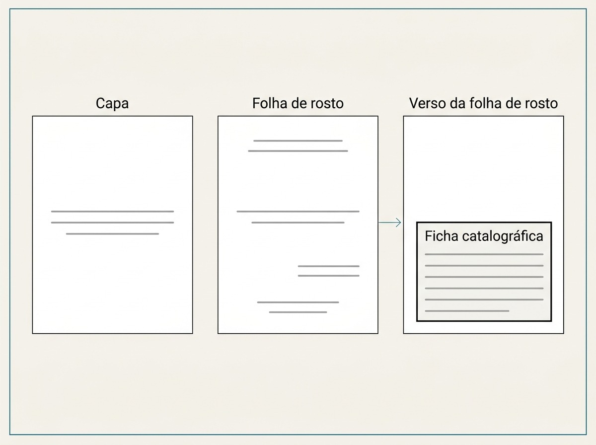 Diagrama mostrando capa, folha de rosto e verso da folha de rosto, com a ficha catalográfica do TCC no verso