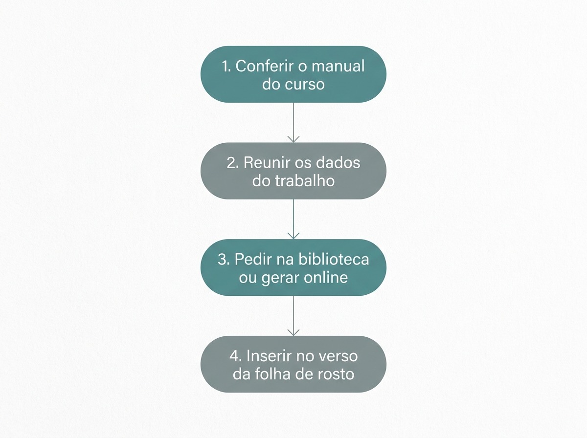 Infográfico com o passo a passo de como fazer ficha catalográfica, do manual do curso até a inserção no trabalho