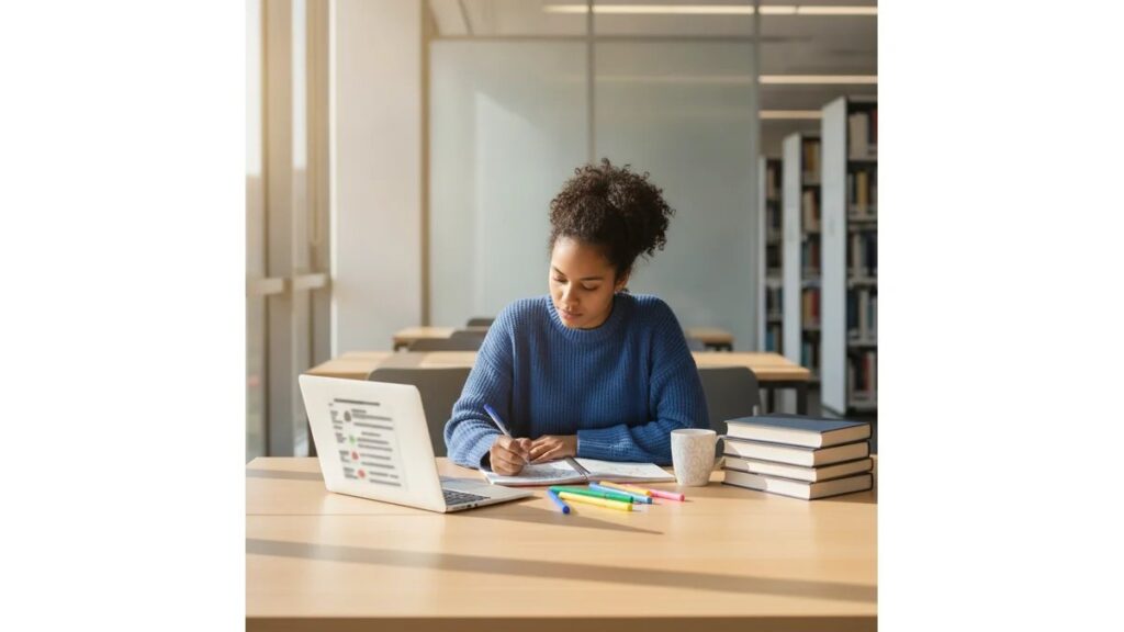 Estudante universitária organizando Como Fazer Fichamento para TCC em mesa de biblioteca com notebooks, livros e materiais de pesquisa