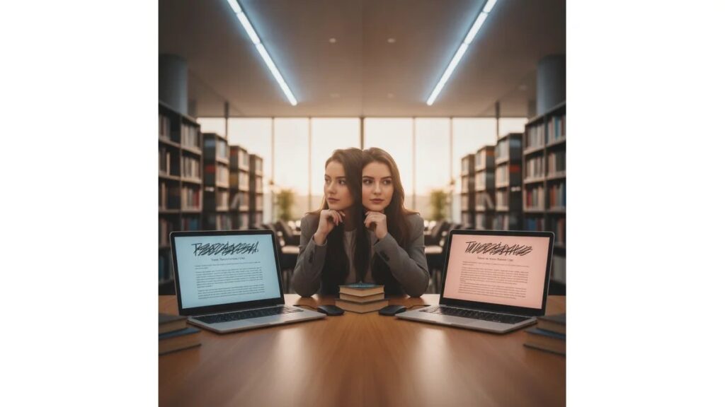 Estudante universitária comparando documento com fonte e título em ABNT correto versus incorreto em biblioteca moderna