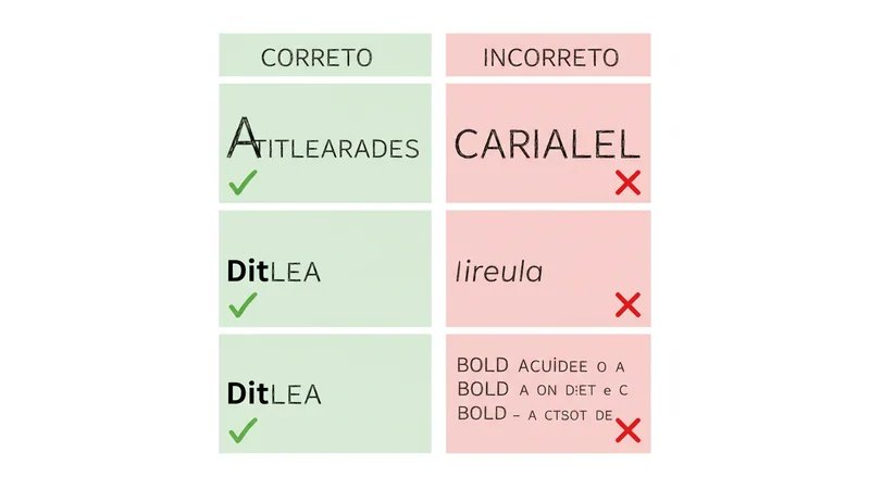Comparação visual lado a lado mostrando três exemplos — "CORRETO: Formatação de Títulos em ABNT" (negrito, primeira letra maiúscula), "INCORRETO: FORMATAÇÃO DE TÍTULOS EM ABNT" (negrito, TUDO maiúscula), "INCORRETO: *Formatação de Títulos em ABNT*" (itálico, sem negrito). Legenda: "Negrito sim, maiúscula apenas primeira letra, itálico não."