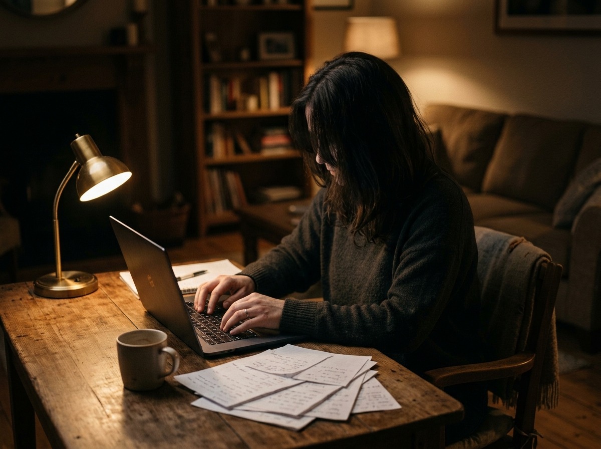 Aluno escrevendo o trabalho sozinho de madrugada
