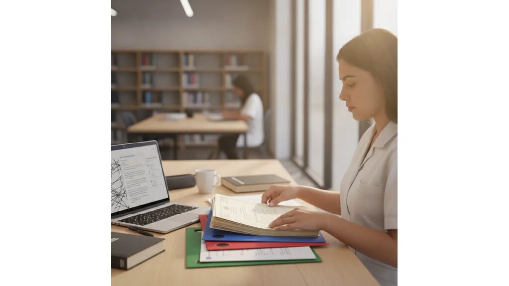 Horas complementares em Enfermagem: estudante de Enfermagem em uniforme branco consultando documentos de horas complementares em um computador