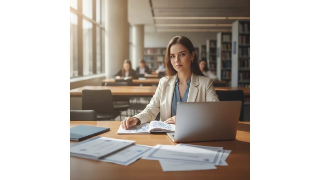 Estudante de psicologia consultando documentos sobre Horas Complementares faculdade Psicologia em ambiente acadêmico moderno