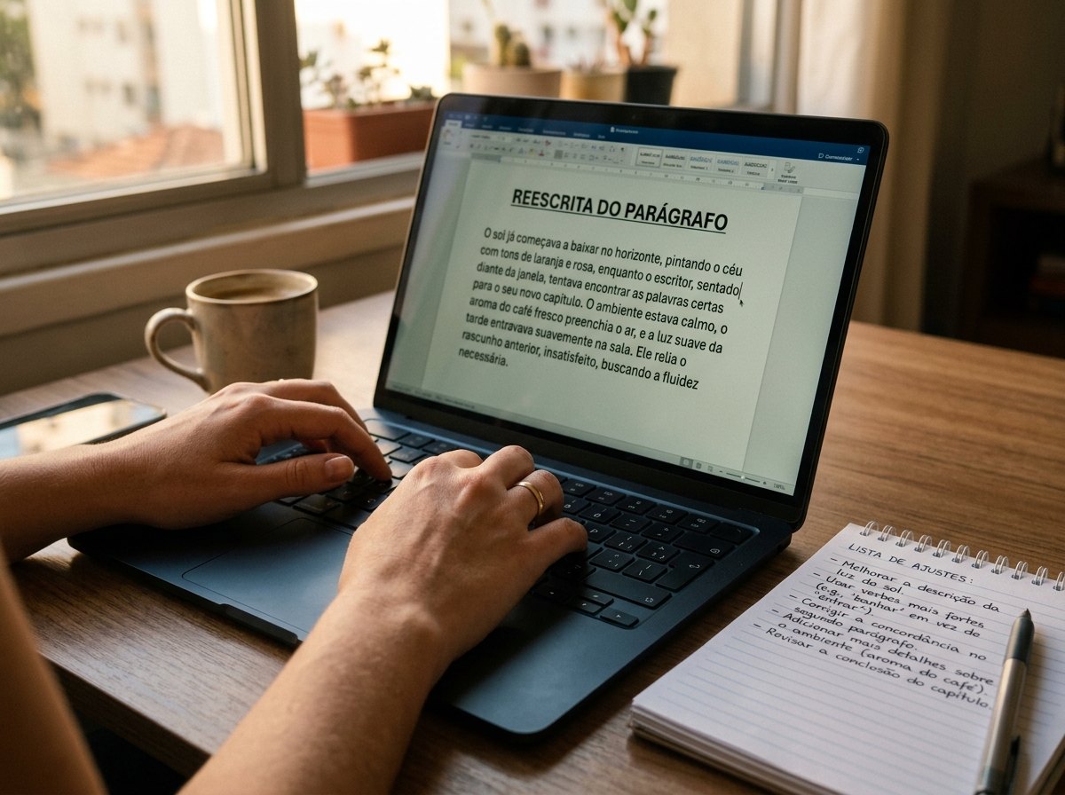 Maos digitando em notebook com documento de texto sendo reescrito e bloco de notas ao lado