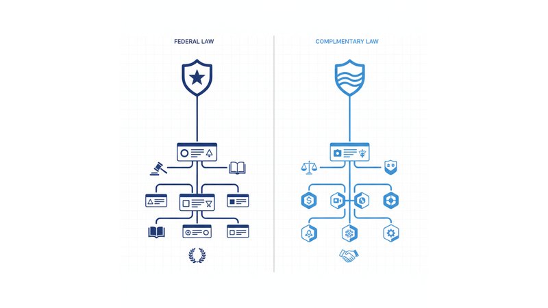 Comparação visual lado a lado de Lei Federal vs. Lei Complementar, destacando as diferenças