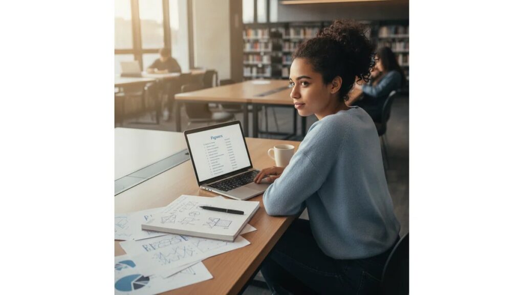 Página de lista de figuras ABNT impressa sobre uma mesa de estudos, com numeração sequencial e números de página
