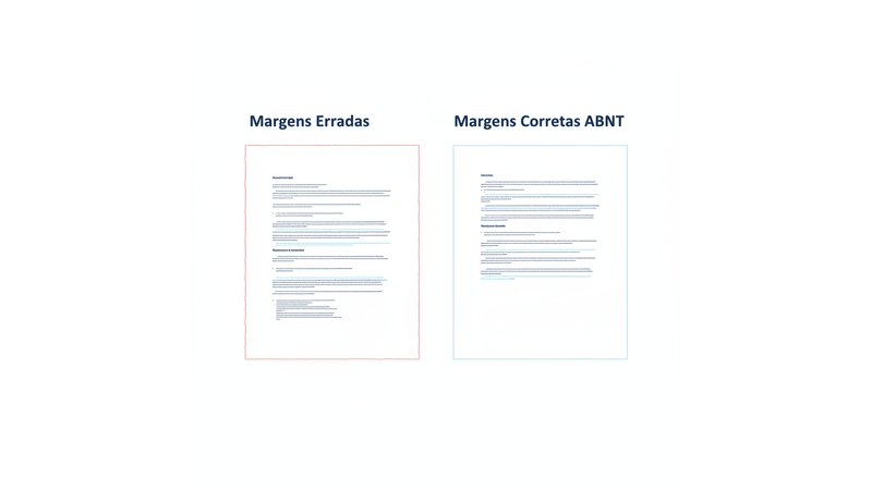 Comparação visual antes/depois mostrando uma página com margens erradas (muito pequenas) vs. margens corretas em ABNT
