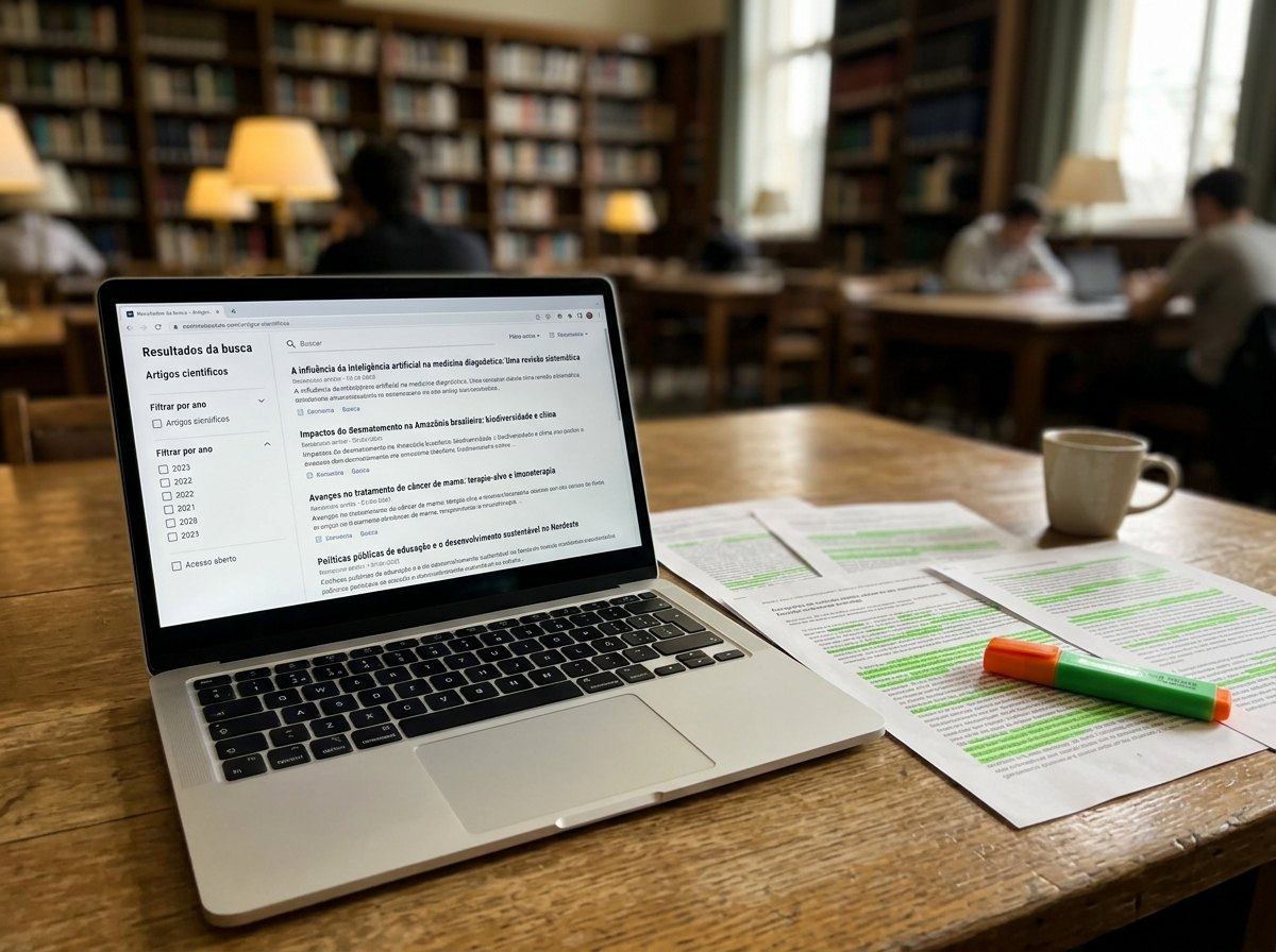 Estudante pesquisando fontes acadêmicas com apoio de inteligência artificial
